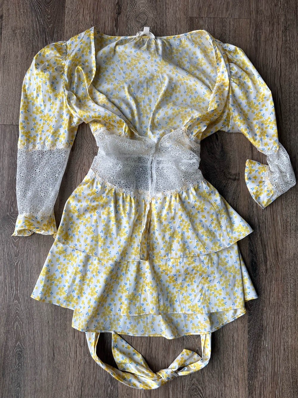 For Love And Lemons Yellow Floral Lace-Trim Tiered Dress
